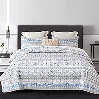 Vista 13 de DURLENGEN - Juego de edredón de algodón 100% patchwork beige y azul, reversible bohemio con patrón de hojas y flores en blanco, juegos de cubrecama