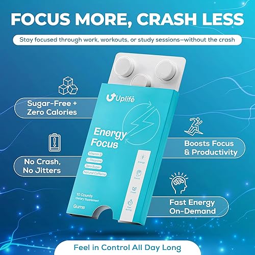 Miniatura 7 de UPLIFE Focus and Energy Gum - 50 unidades  Fabricado en Estados Unidos  40 mg de cafeína natural + 80 mg de L-teanina + niacina vitamina B3 y B12