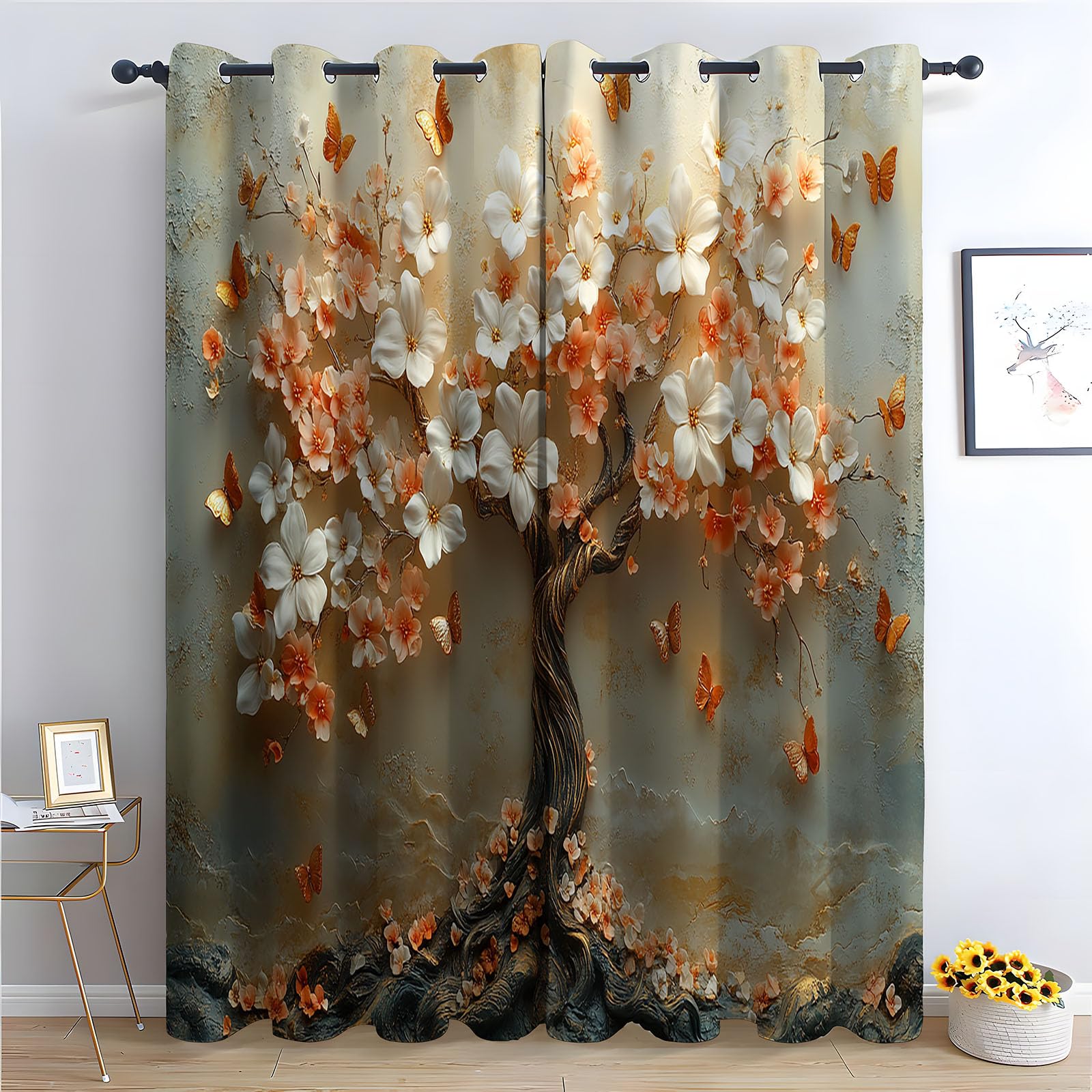 Rideaux occultants de qualité motif art papillon et arbre en floraison