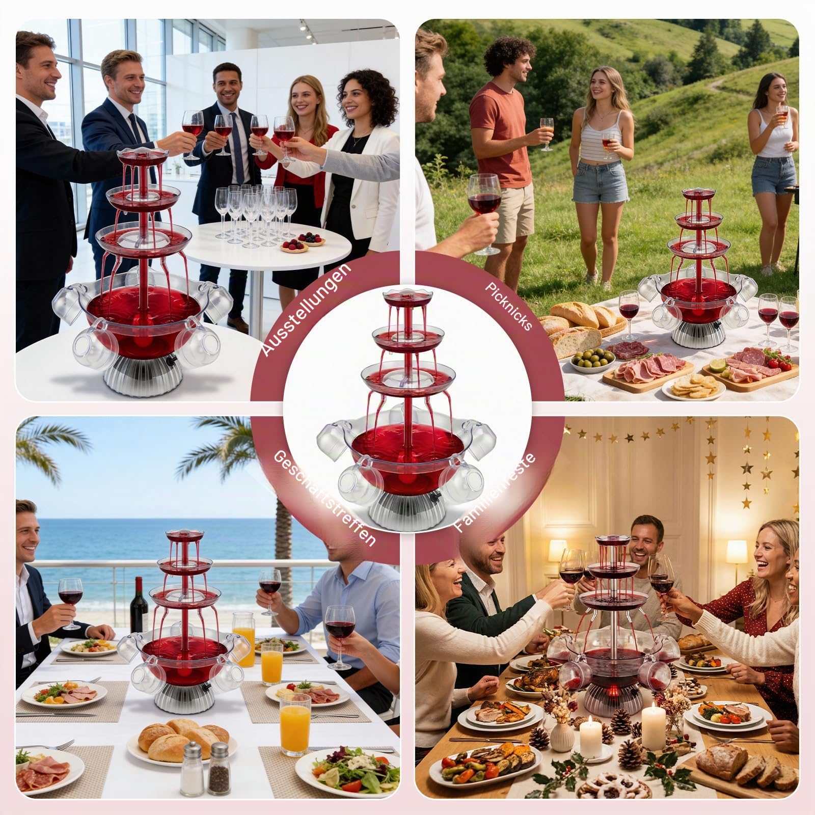 3-Stufiger Klarer Partybrunnen,4L Getränkebrunnen Zimmerbrunnen mit 5 Stück Bechern,Cocktail Brunnen LED-Beleuchteter Sockel,Saft Und Weinbrunnen Trinkbrunnen für Kneipen, Hauspartys