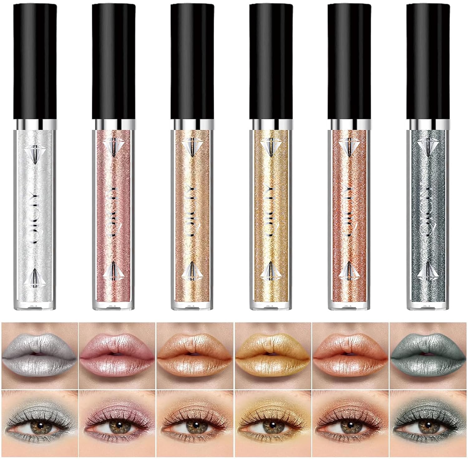 ADMD Diamond Lip Glaze 6-Piece Set Lip Gloss Glitter Sparkling Liquid Lipstick&Shimmer Eyeshadow Long-Lasting Waterproof Makeup