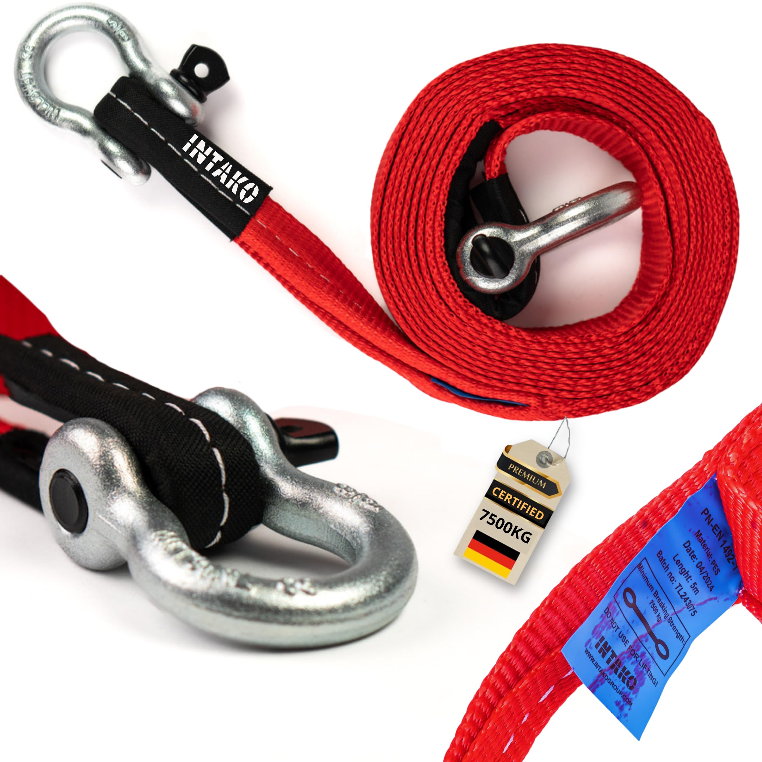 INTAKO Sangle de Remorquage 5M (7,5 Tonnes) avec Manilles - Norme en 1492-1 - Corde de Remorquage pour Voiture - Sangle de Traction Ultra Résistante