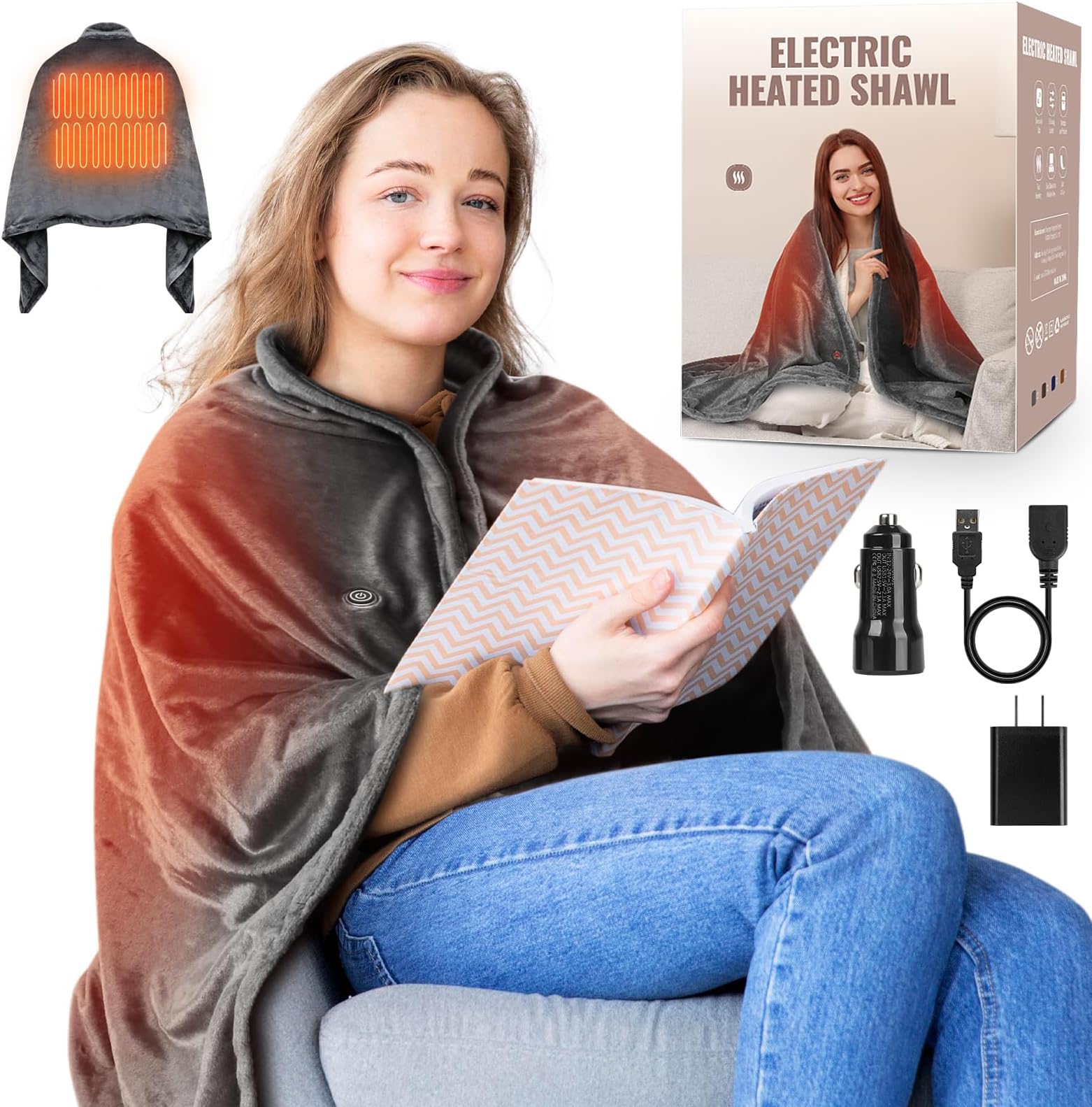 QfunPortable USB Heated Blanket Shawl - Wearable Cordless Electric for Outdoors, 3 Heating Levels With Car Charger, USB Operated Camping, Grey (Battery Not Included)