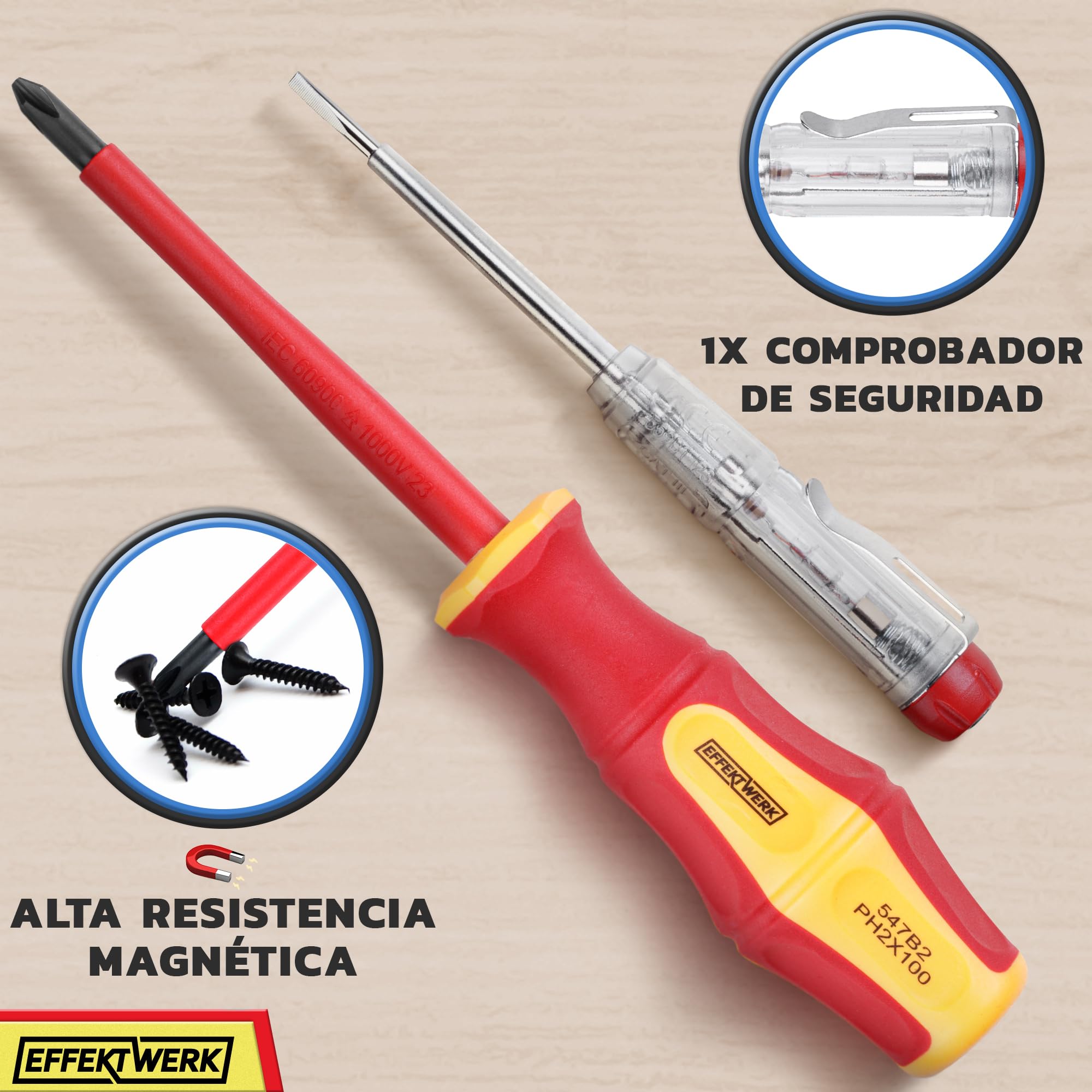 Juego de destornilladores para electricistas de 7 piezas - 4 ranurados, 2 destornilladores Phillips con probador de voltaje - 1000V aislados y probados VDE con puntas magnéticas