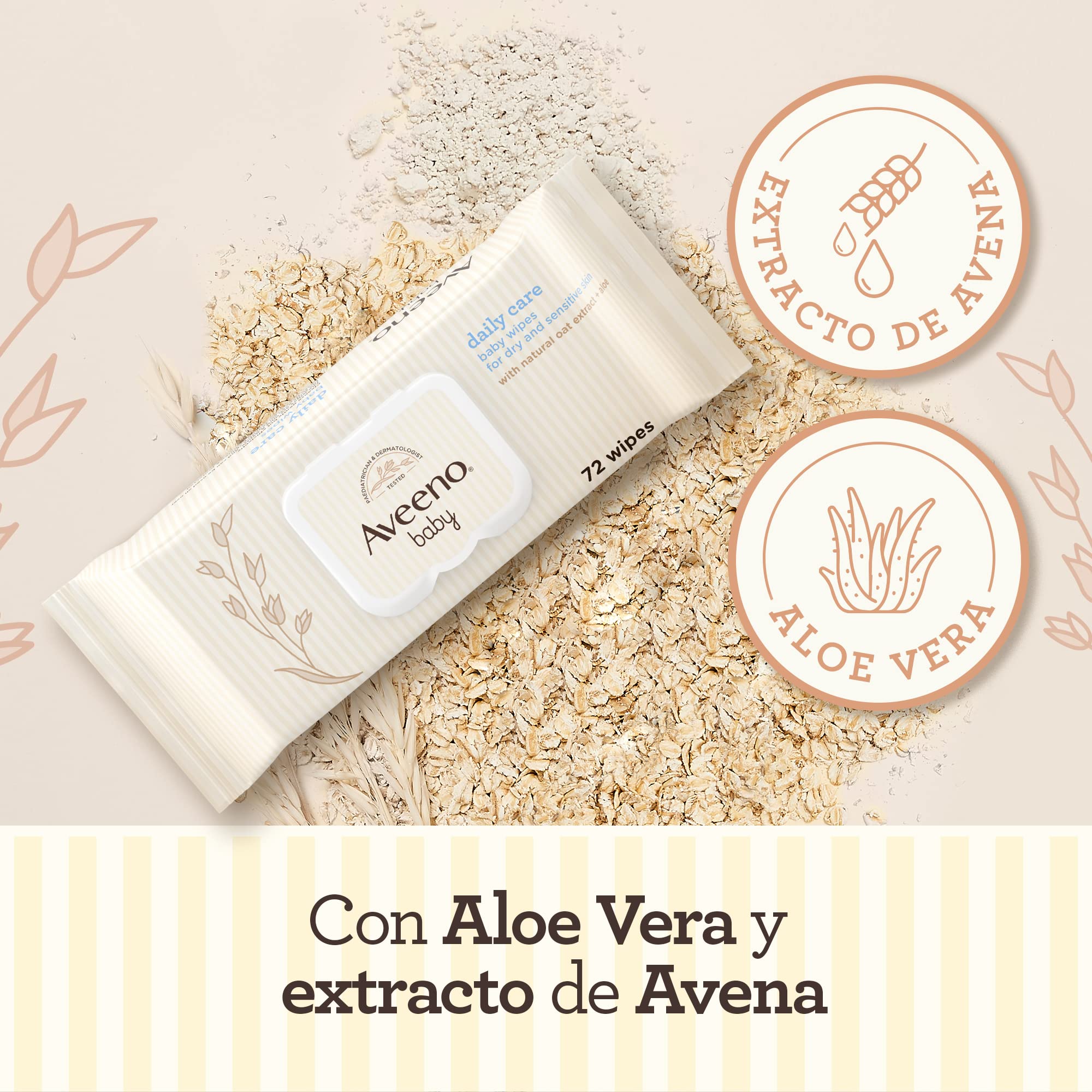 Aveeno Baby Daily Care Wipes (12 x 72 unidades), Toallitas húmedas suaves para bebés y niños, toallitas bebé con extracto de avena y aloe vera, sin perfume, sulfatos ni alcohol