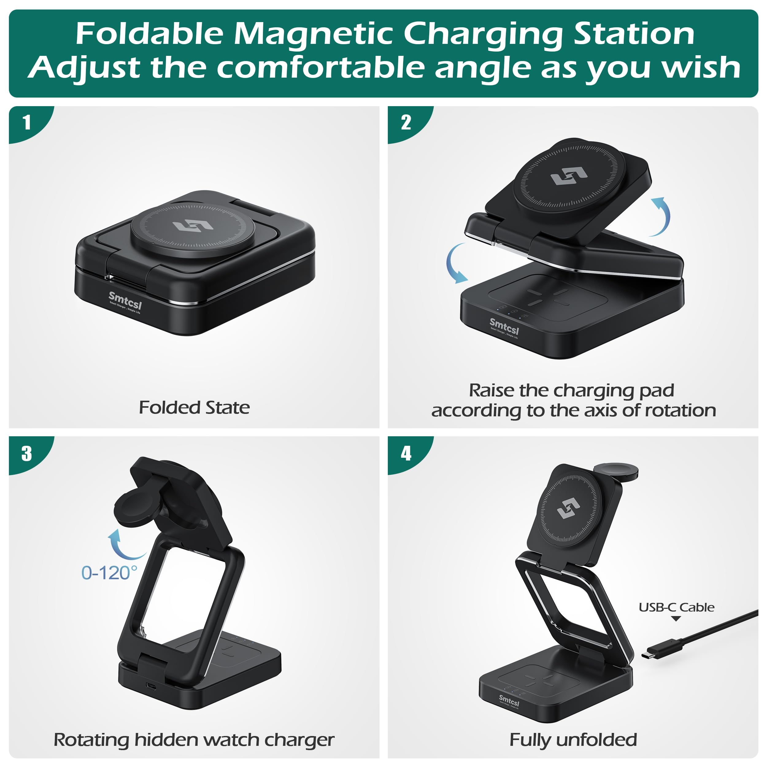Smtcsl Stazione di ricarica wireless pieghevole 3 in 1: caricabatterie magnetico compatibile con iPhone 16 15 14 13 12 Series/Apple Watch/Airpods - Supporto pieghevole portatile per viaggi