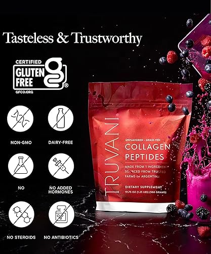 Miniatura 7 de Truvani Péptidos de colágeno hidrolizados Sin sabor 14 porciones 0.71 oz de proteína de colágeno alimentado con pasto en polvo Promueve la salud