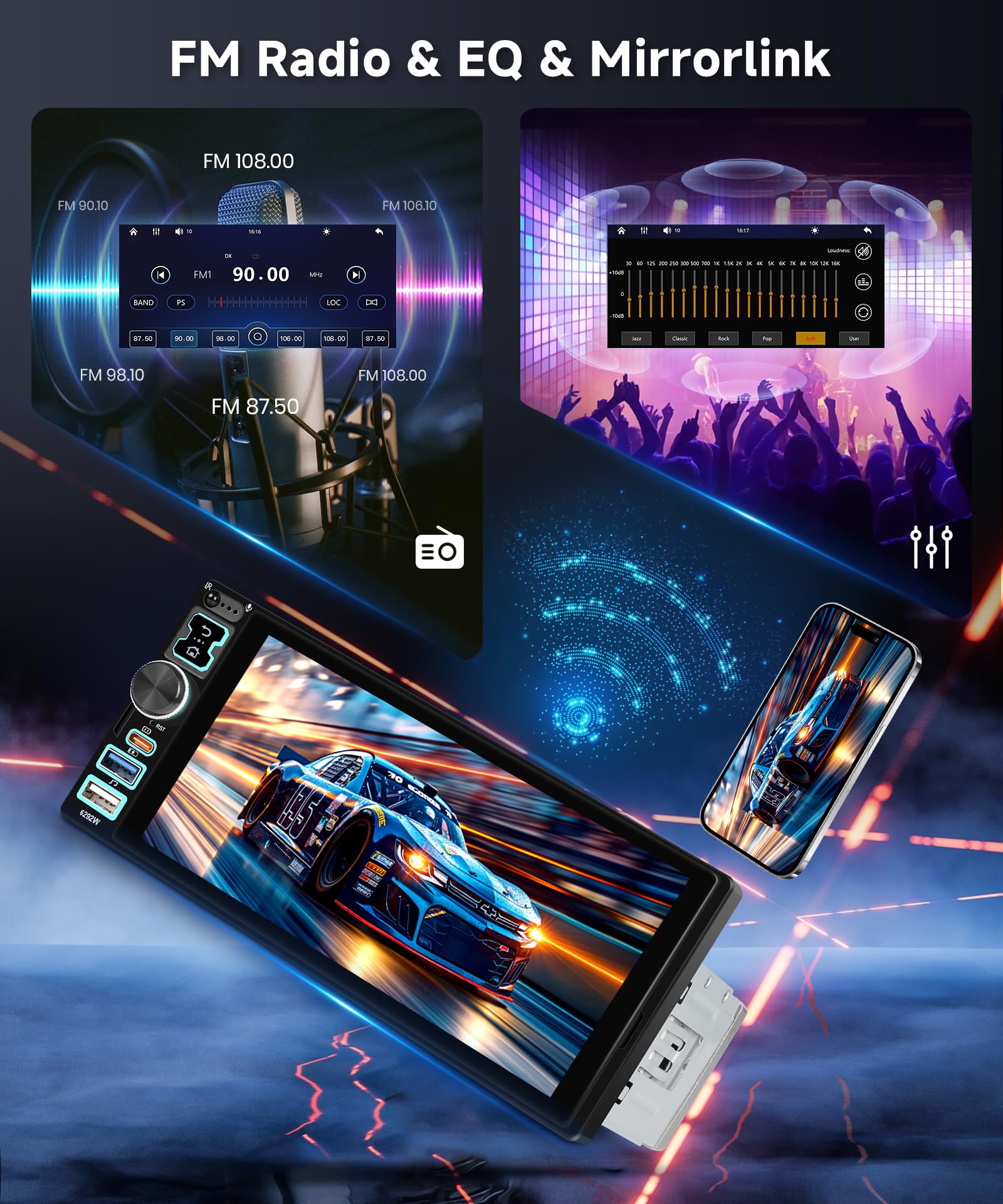 2025 Hodozzy Autoradio 1 Din avec sans Fil Carplay Android Auto avec Ecran 6,8 Pouces, 1 Din Poste Radio Voiture Bluetooth, Ecran Tactile avec Mirror Link/FM/2 USB/USB-C avec Caméra de Recul