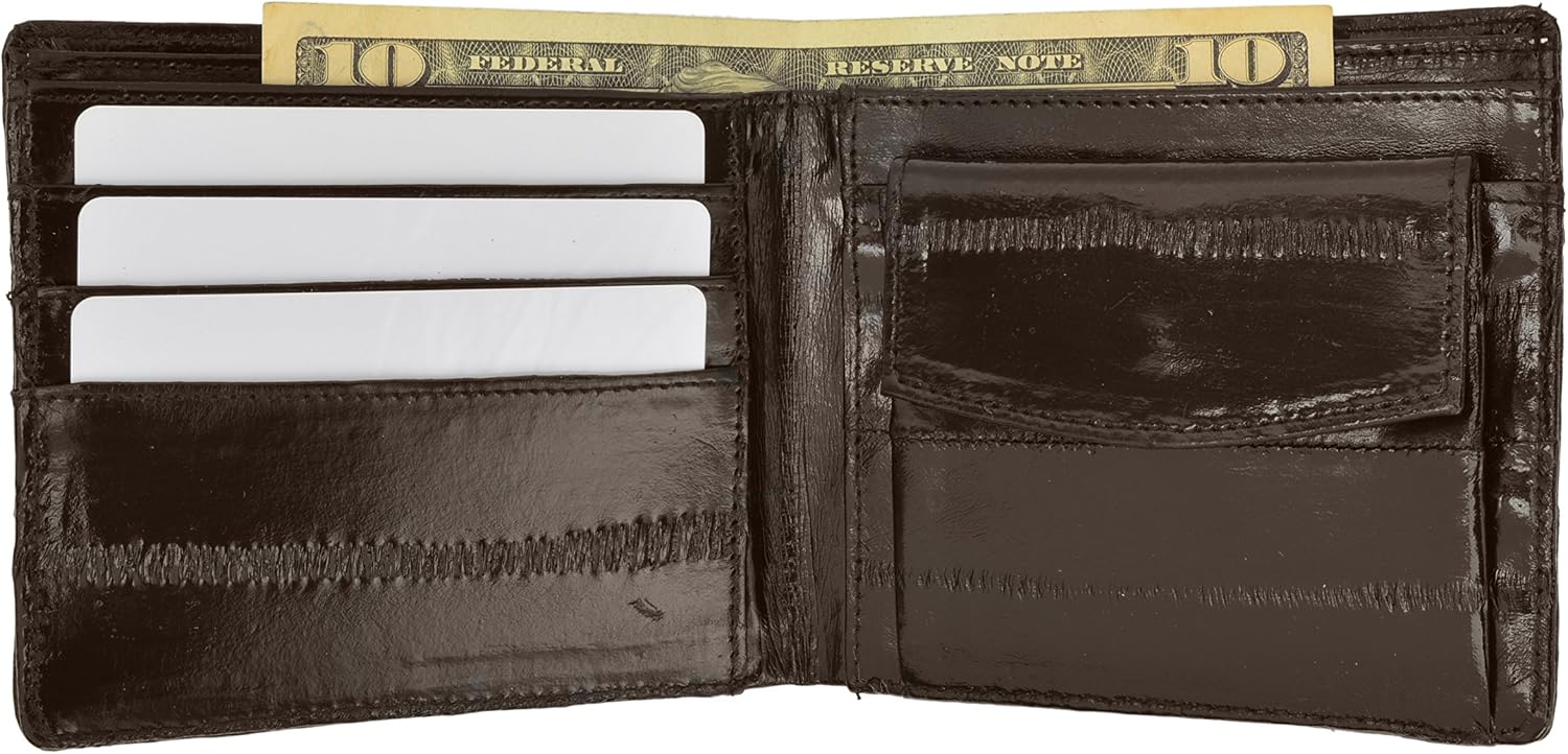 Marshal Wallet® Eel Skin Soft Leather Bifold Credit Card Wallet with Coin Pouch (Brown)