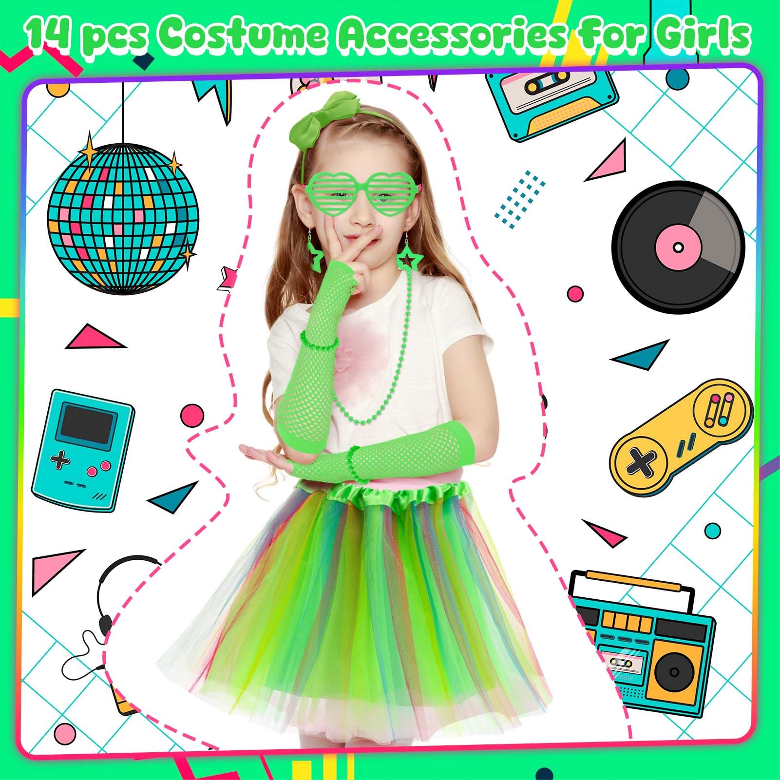 ViEinkaufen 80s Fancy Dress for Girls,90s Kids Neon Fancy Dress Set Kids Tutu Leg Warmers Fishnet Gloves Sunglasses Earrings Necklace Headband Scrunchies Neon Party Accessories - Image 4