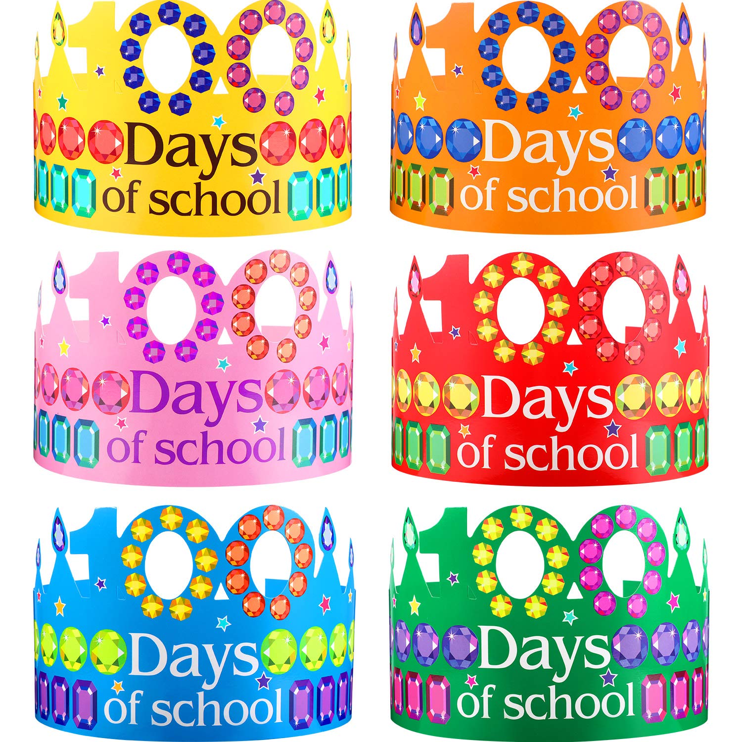 Blulu 30 Pieces 100th Day Of School Paper Crowns, 6 Colors 100 Day Of School Rhinestones Paper Crowns Party Hats For Decorations Celebration Classroom Supplies, 15.7 X 3.9 Inch Multicoloured