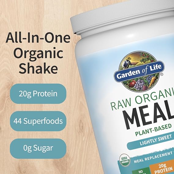 Tasty Organic Lightly Sweet Meal Replacement Shake Vegan - Garden of Life 20g Complete Plant Based Protein, Greens, Rice Protein, Pro & Prebiotics for Easy Digestion, Non-GMO Gluten-Free, 2.4 LB