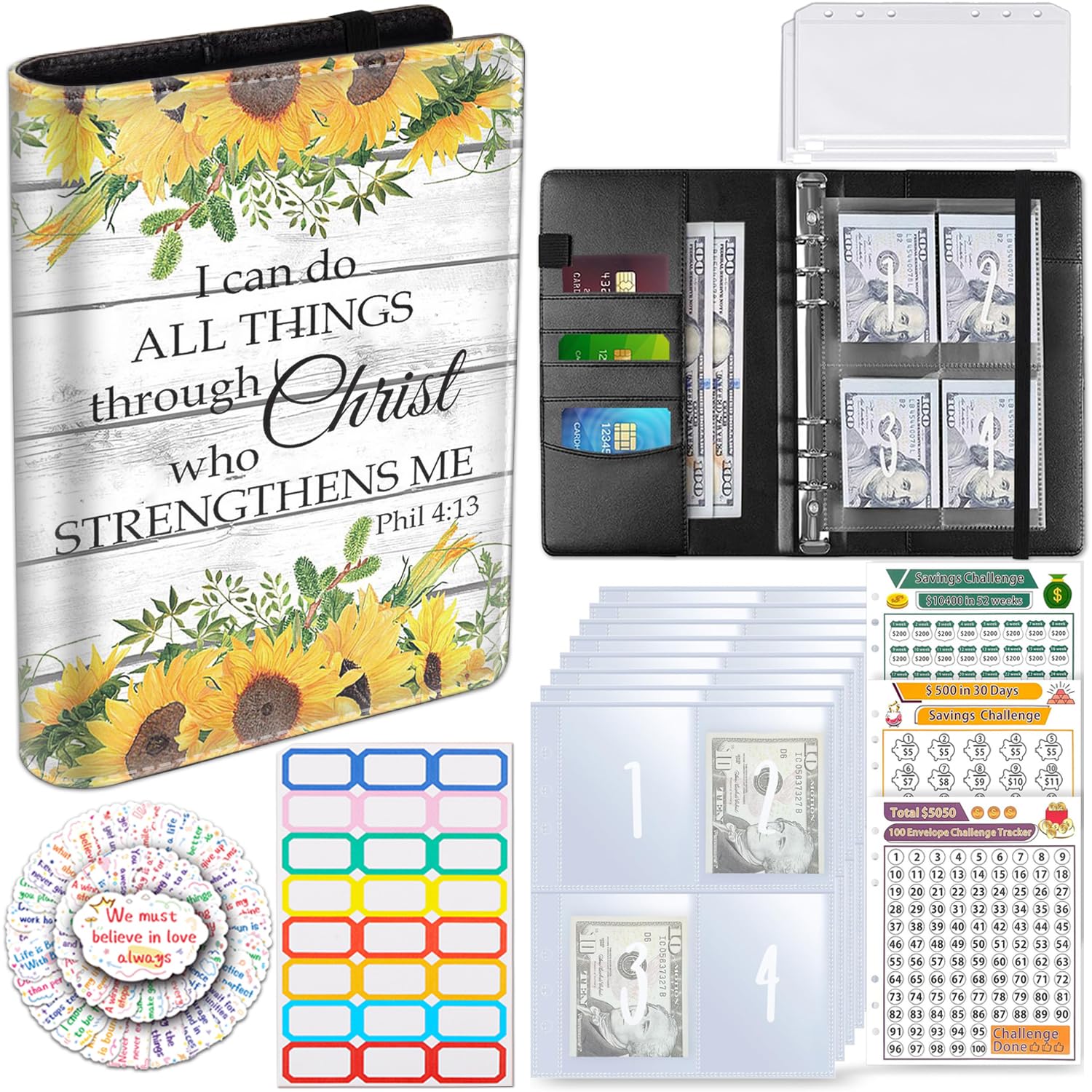 Photo 1 of 100 Envelopes Money Saving Challenge, Money Saving Budget Binder with Cash Envelopes, Motivational Process to Save $5050, A5 Saving Challenge Book - Philippians 4-13 Sunflowers Yellow Floral