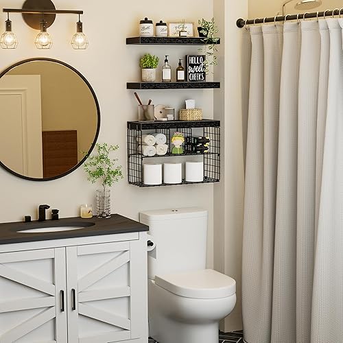 Miniatura 4 de Estantes flotantes de baño para pared, estante sobre el inodoro, estantes pequeños de decoración de granja (15.7 pulgadas, juego de 3, negro)