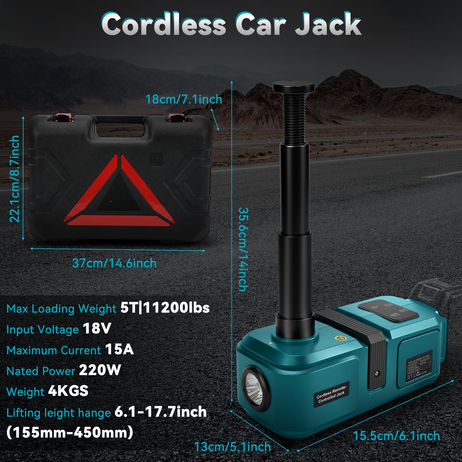 Cric éléctrique 5T Compatible avec Makita 18V, Cric hydraulique sur batterie avec télécommande et éclairage LED, pour SUV, voiture, camion, changement de pneu Hauteur de levage 15,5–45 cm (sans