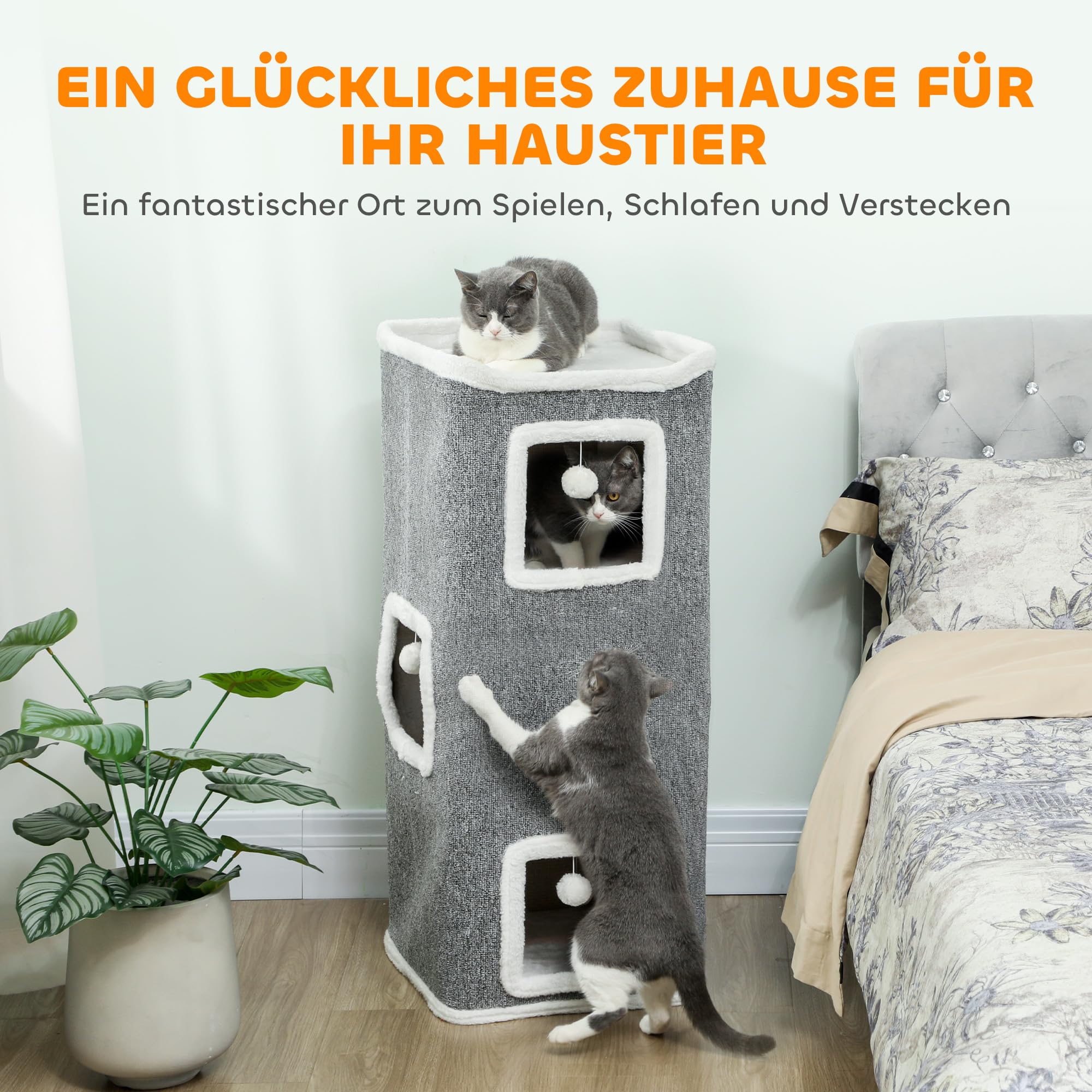 PawHut Kratztonne 100 cm Hoch 41 x 41 cm vierstöckige Katzentonne mit Spielball, Plüschrand, Katzenhöhle, Kratzbaum für 1-2 Katzen unter 7kg, Grau
