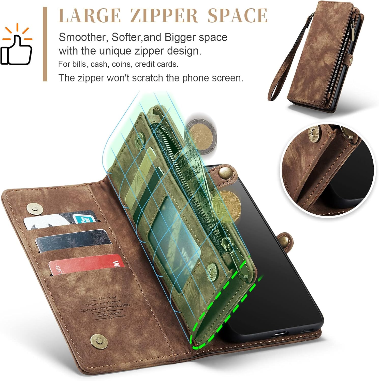 Asuwish Phone Case for Samsung Galaxy S22 5G Zipper Wallet Detachable Cover with Tempered Glass Screen Protector and Leather Flip Credit Card Holder Cell Accessories Gaxaly S 22 22S G5 Women Men Brown