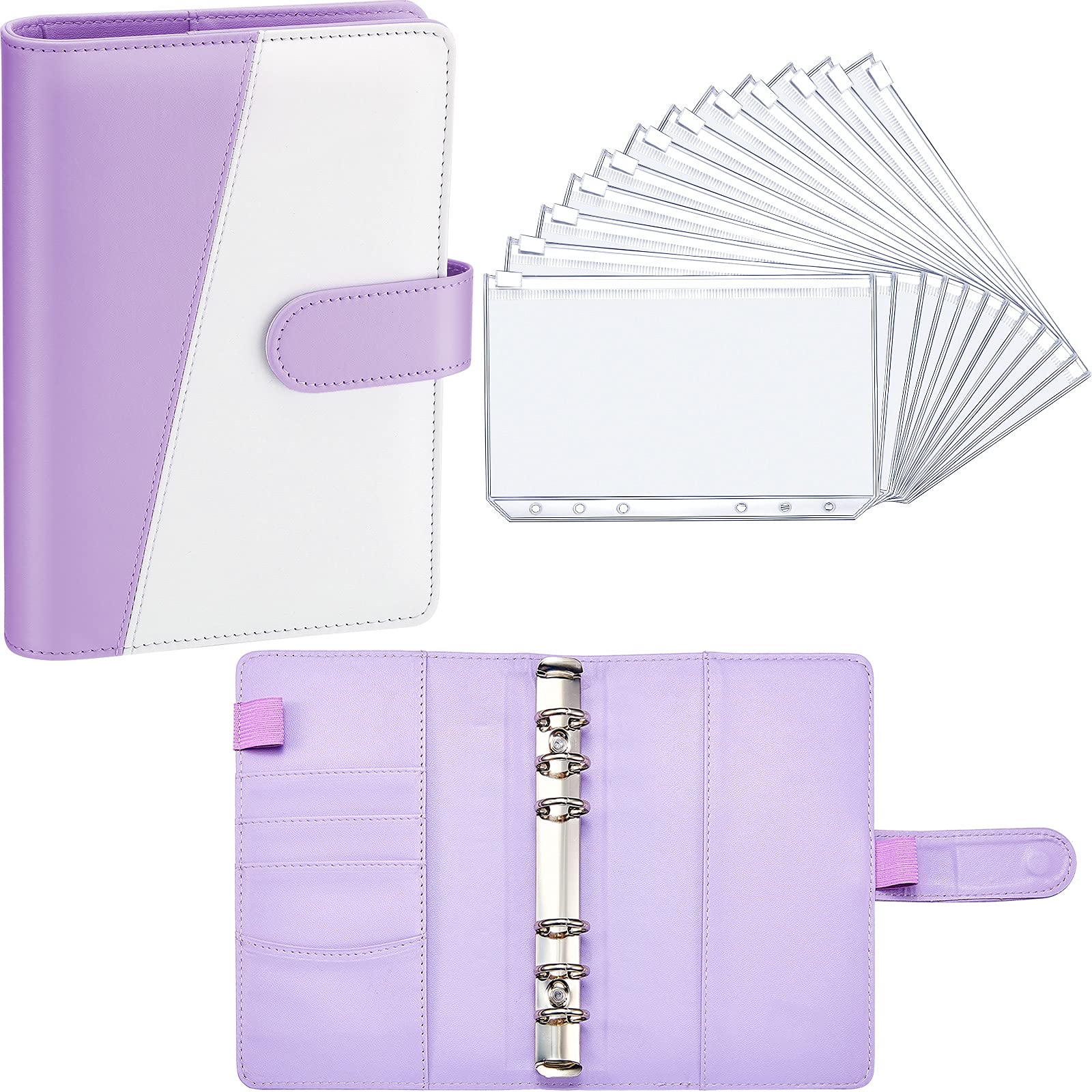 PU Leather Notebook Binder Budget Planner Binder Cover with 12 Pieces Binder Pocket Personal Cash Budget Envelopes System 6 Hole Binder Zipper Folder (Purple-White Cover with Clear Sheet,A6)