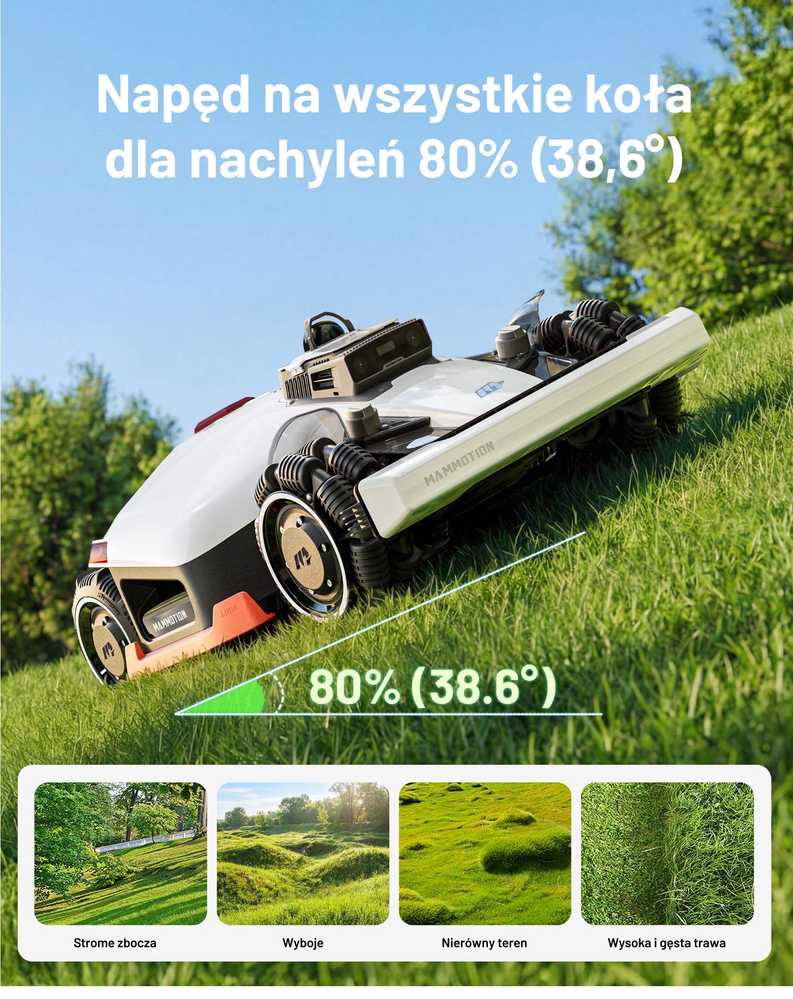 Mammotion LUBA 3 AWD 1500 robot koszący bez przewodu, Zalec. 1500 m² | 360° LiDAR + Podwójna kamera z KI, AWD do 80% nachylenia, 15 stref, Wysokość cięcia 25-70 mm, Bateria 9,4Ah