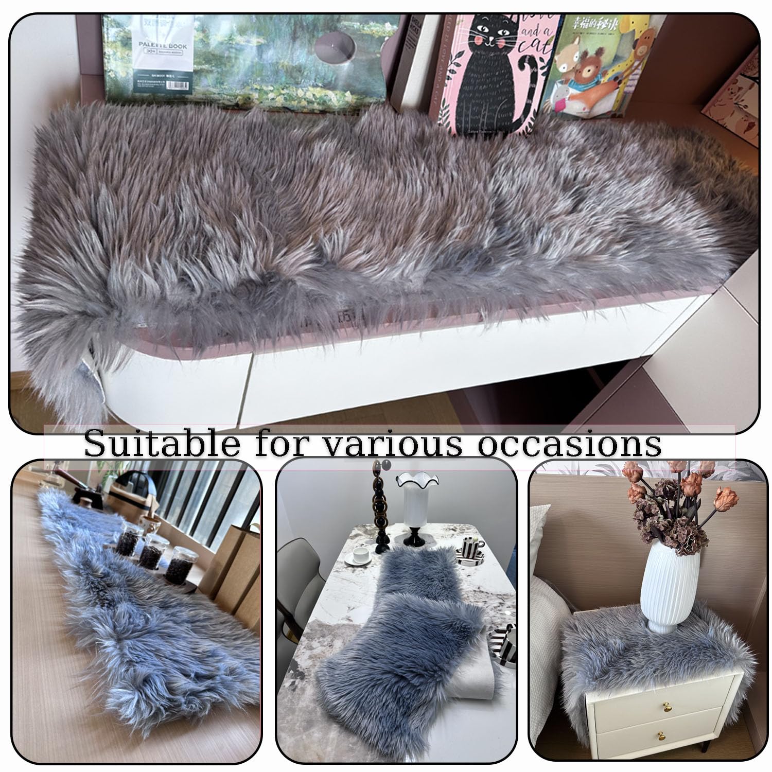 Chemin de table en fausse fourrure - Gris - Décoration de Noël et d'hiver - Chemin de table doux pour table à manger, commode, table basse, décoration de mariage et de fête de vacances (30 x 90 cm)