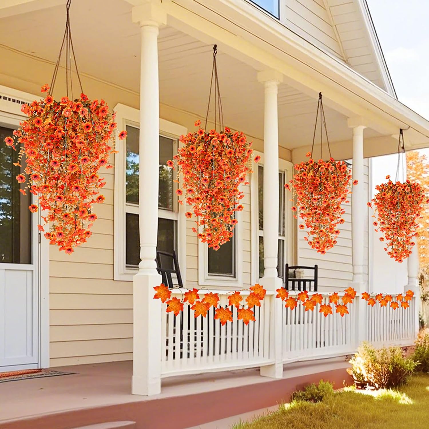 TURNMEON 4 Pcs Artificial Hanging Fall Flowers Fall Decorations, Fake Mums for Outdoors UV Resistant Hanging Plants Faux Silk Daisy Flowers for Autumn Decor Home Indoor Outside Gardens Porch (Orange) - Image 8