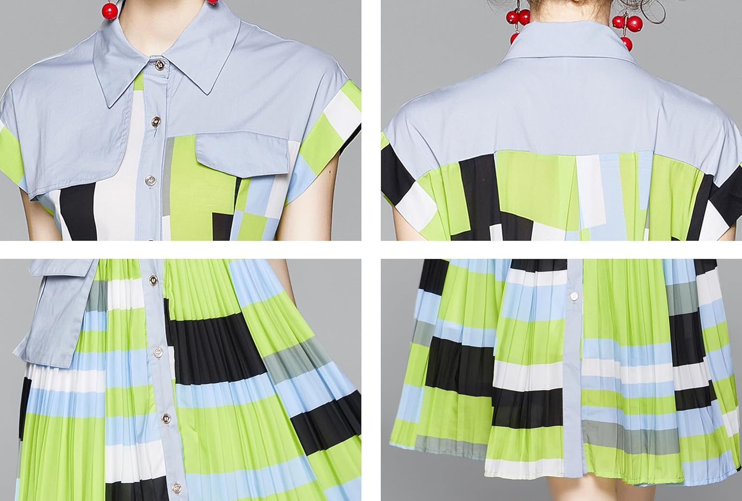 LAI MENG FIVE CATS Women's Short Sleeves Collar Shirt Printed Buttons Casual Midi Dress with Belt - Image 8