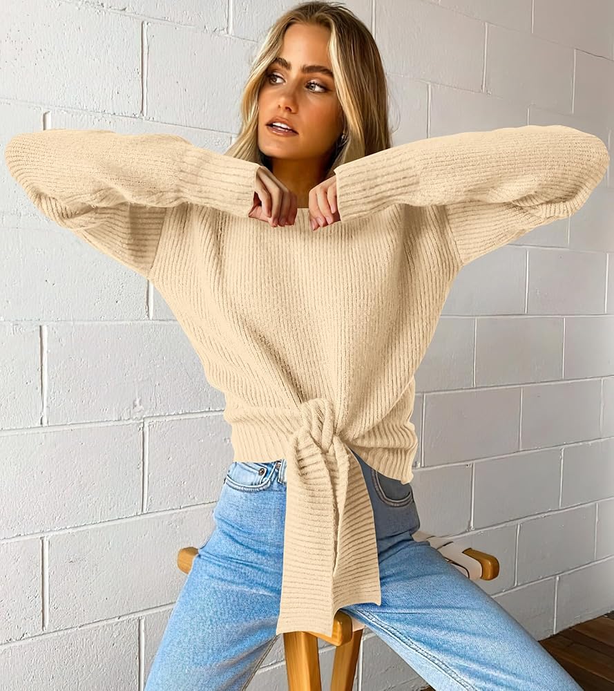 Okiwam Women's Long Sleeve Cropped Sweaters Casual Knit Pullover