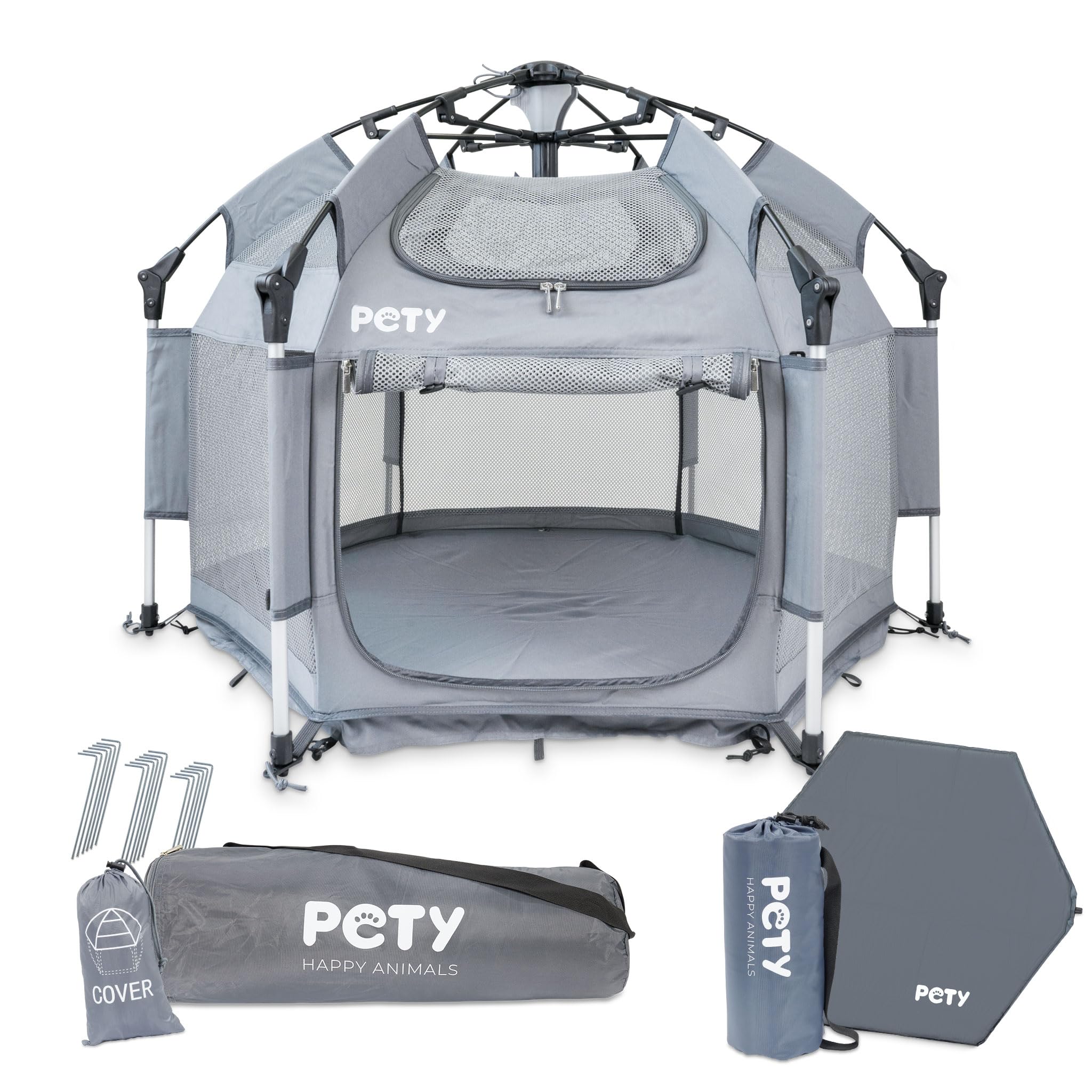 PETY Set box per cani – 110 x 80 cm tenda mobile per cani con borsa per il trasporto, tetto UV e tappetino – recinto per animali domestici e interni – accessori da viaggio per il campeggio – antracite