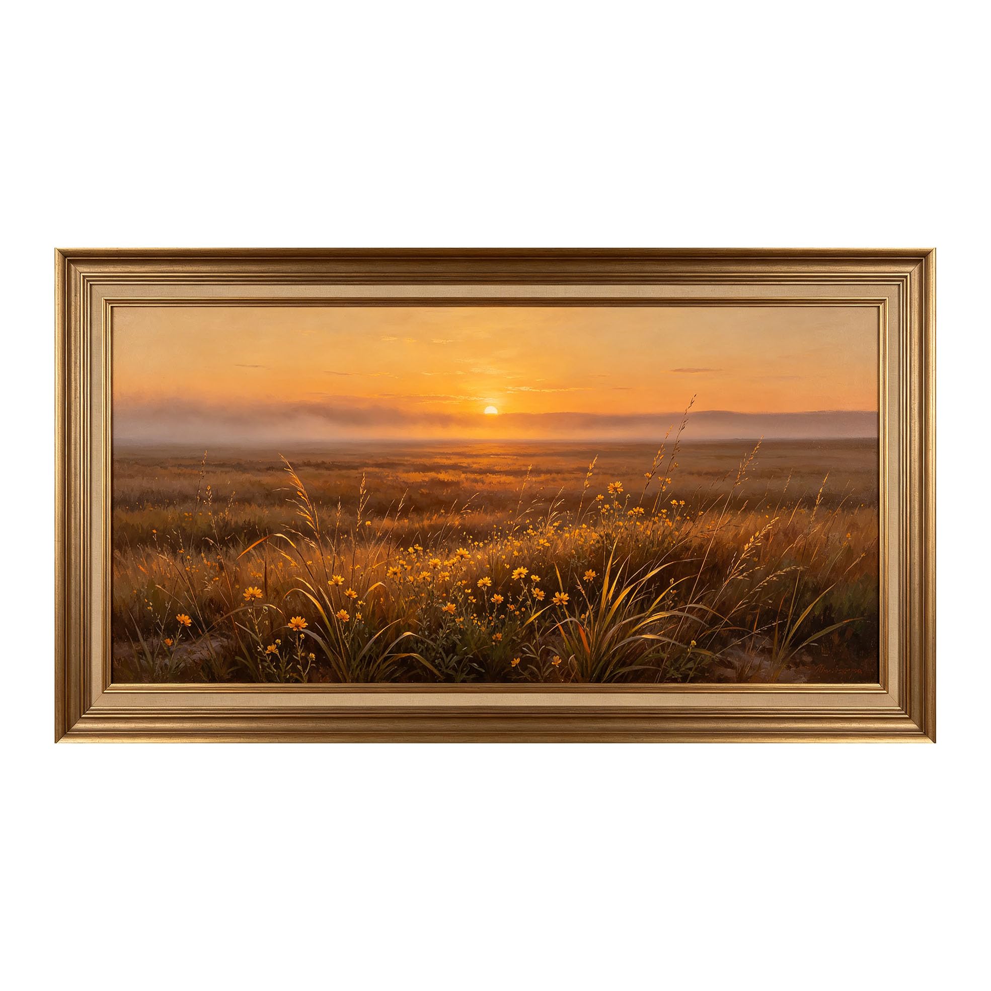 Yzpallescene 3D Framed Wall Art 50cm×100cm Golden Sunset Meadow Floral Landscape Impressionist Oil Painting Large Size SelfAdhesive Removable Wall Decor Prints Artwork for Living Room Bedroom Office