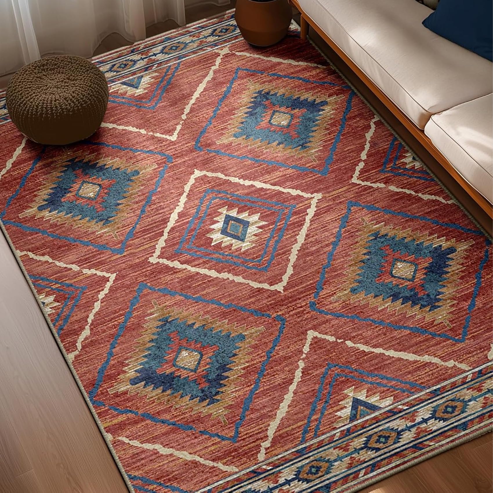 Tapis géométrique vintage lavable rouge et jaune 200x200 cm à poils courts