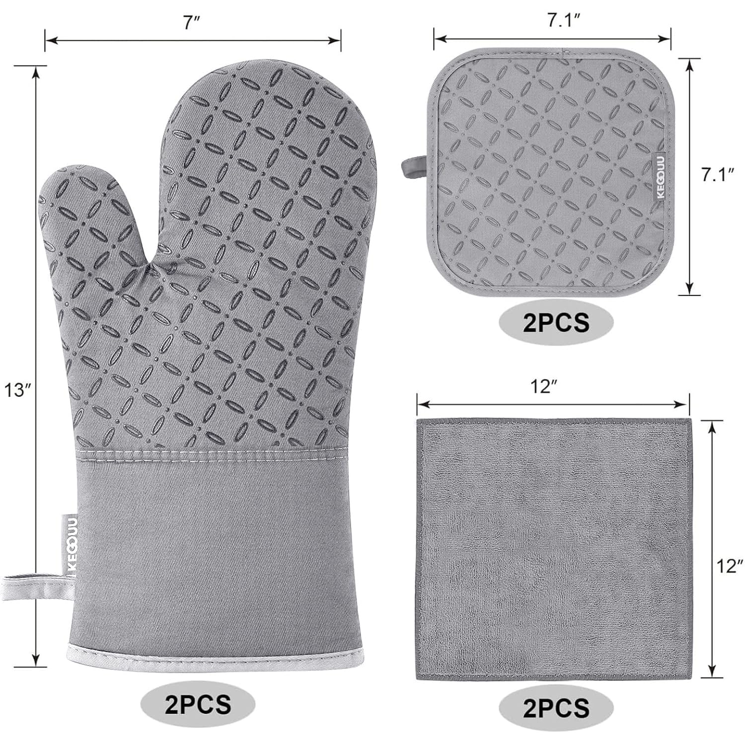 KEGOUU Juego de 6 manoplas de horno y soportes para ollas, guantes de cocina de alta resistencia al calor, guantes de horno extralargos de 500 grados y agarradera con superficie de silicona