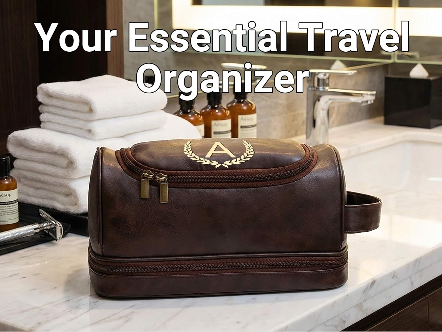 OXYEFEI Personalized Toiletry Bag for Men,Personalized Gifts for Men for Husband Dad, Custom Monogrammed PU Leather Waterproof Mens Toiletry Travel Essential Dopp Kit Shaving Bag (J, Tea Brown)