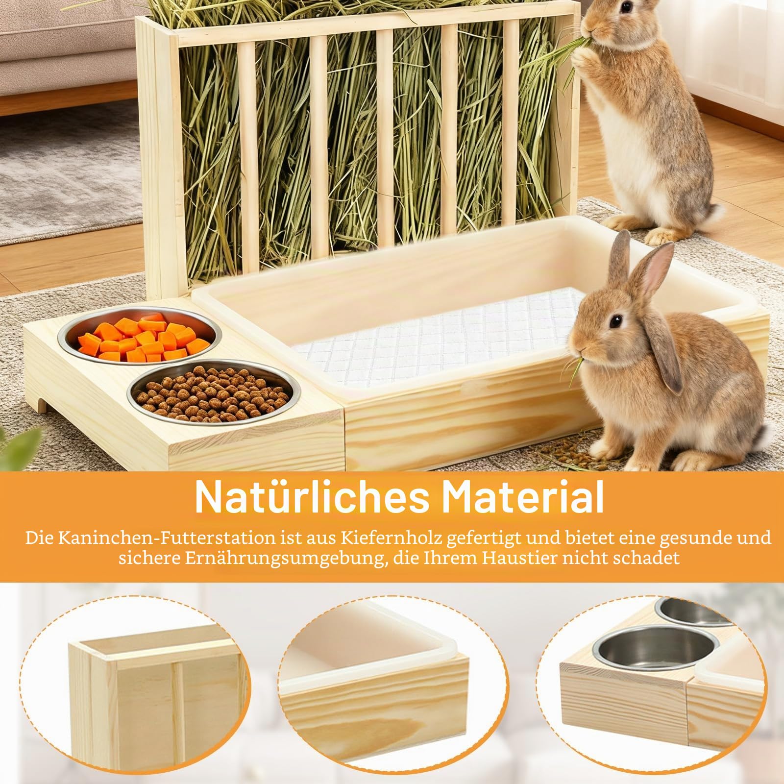 Heuraufe Kaninchen, Holz Futterspender Heu Kaninchen mit Katzentoilette Und Näpfen 3 in 1 Heuraufe Meerschweinchen Futter Spender Für Heu Für Chinchilla Hamster Nager