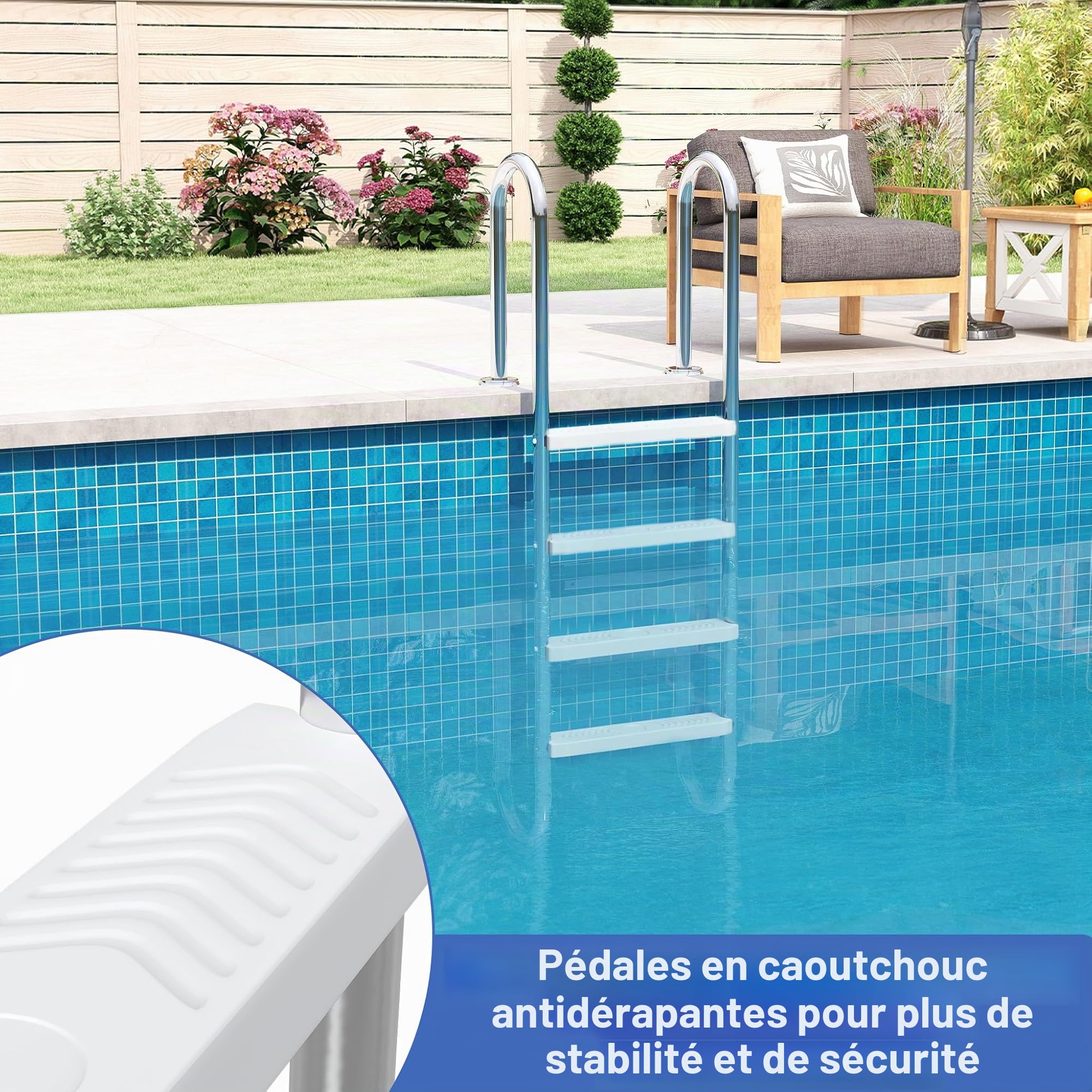 Froadp Échelle de Piscine en Acier Inoxydable avec 4 Marches Antidérapantes - 157 x 54 x 26,5 cm - Charge Maximale : 150 kg - Argenté