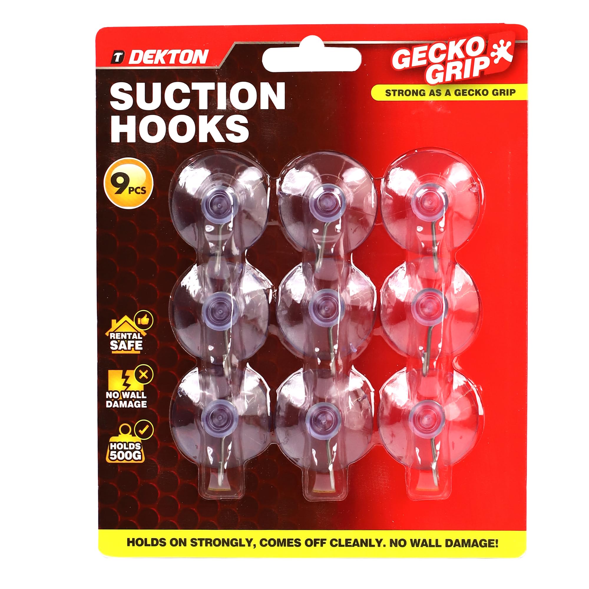 Dekton Geckogrip Suction Hooks Large 9pc-Strong Suction Cup Hooks|No Drilling or Tools Required| Ideal for Kitchen, Bathroom|Reusable & Residue-Free|Secure Hold on Smooth Surfaces|Durable & Waterproof