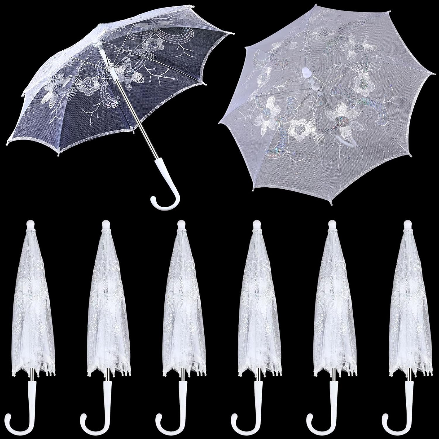 6 Pack Mini White Lace Umbrella Bulk Sequins Embroidery Parasol Vintage Bridal Lace Decorative Umbrella for Tea Party Wedding Party Baby Shower Photography Prop (19.7 Inches)