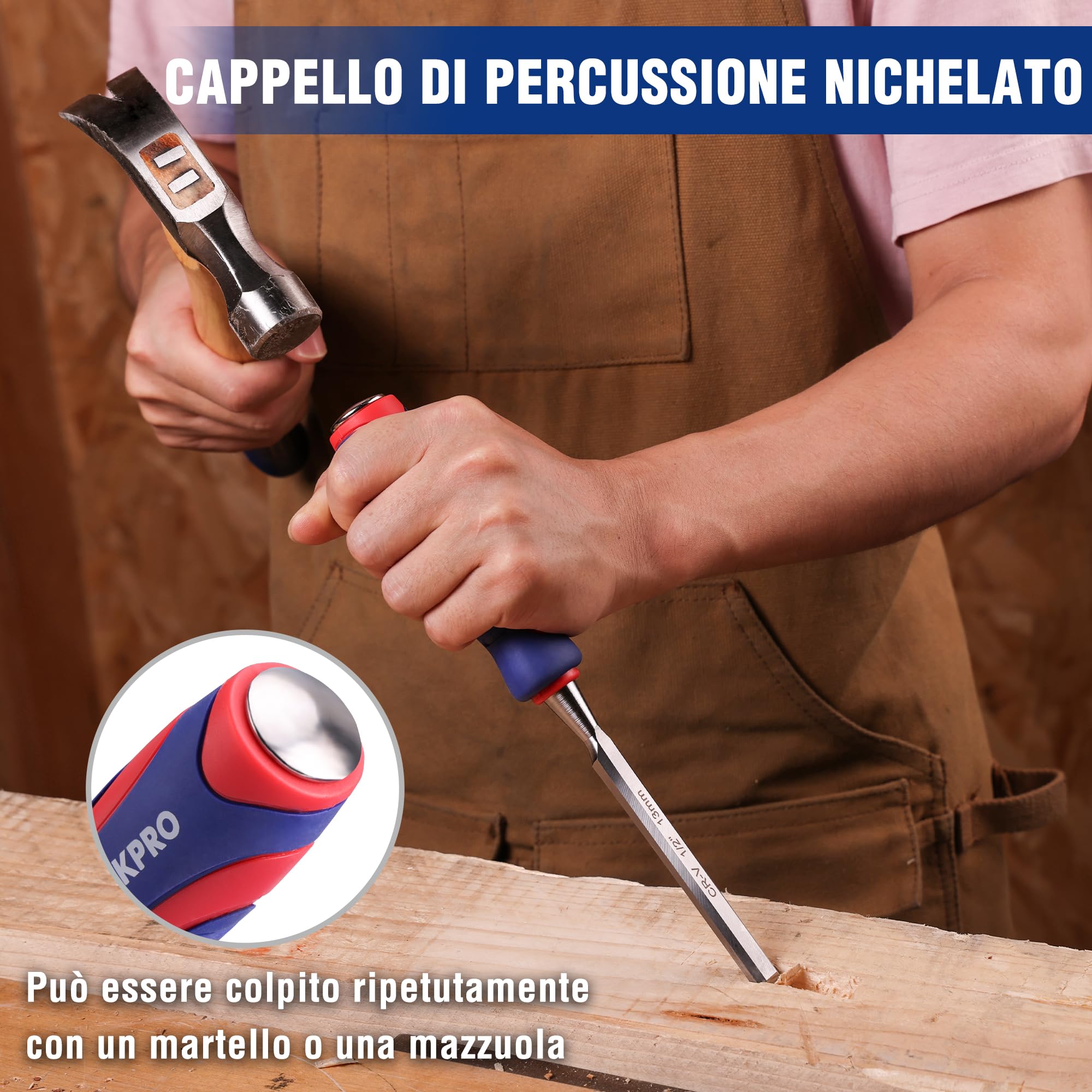 WORKPRO Set Scalpelli per Legno Professionale da 10 Pezzi, con Custodia, 6 Scalpelli (6/13/19/25/32/38 mm) in Acciaio Cr-V, Pietra per Affilare, 2 Matite, Sgorbie per Lavori in Legno