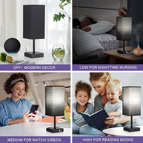 Miniatura 5 de aooshine Lámpara negra para dormitorio, lámpara táctil con tomas USB-C+A y CA, mesita de noche de 3 vías para niños, habitación de invitados, sala