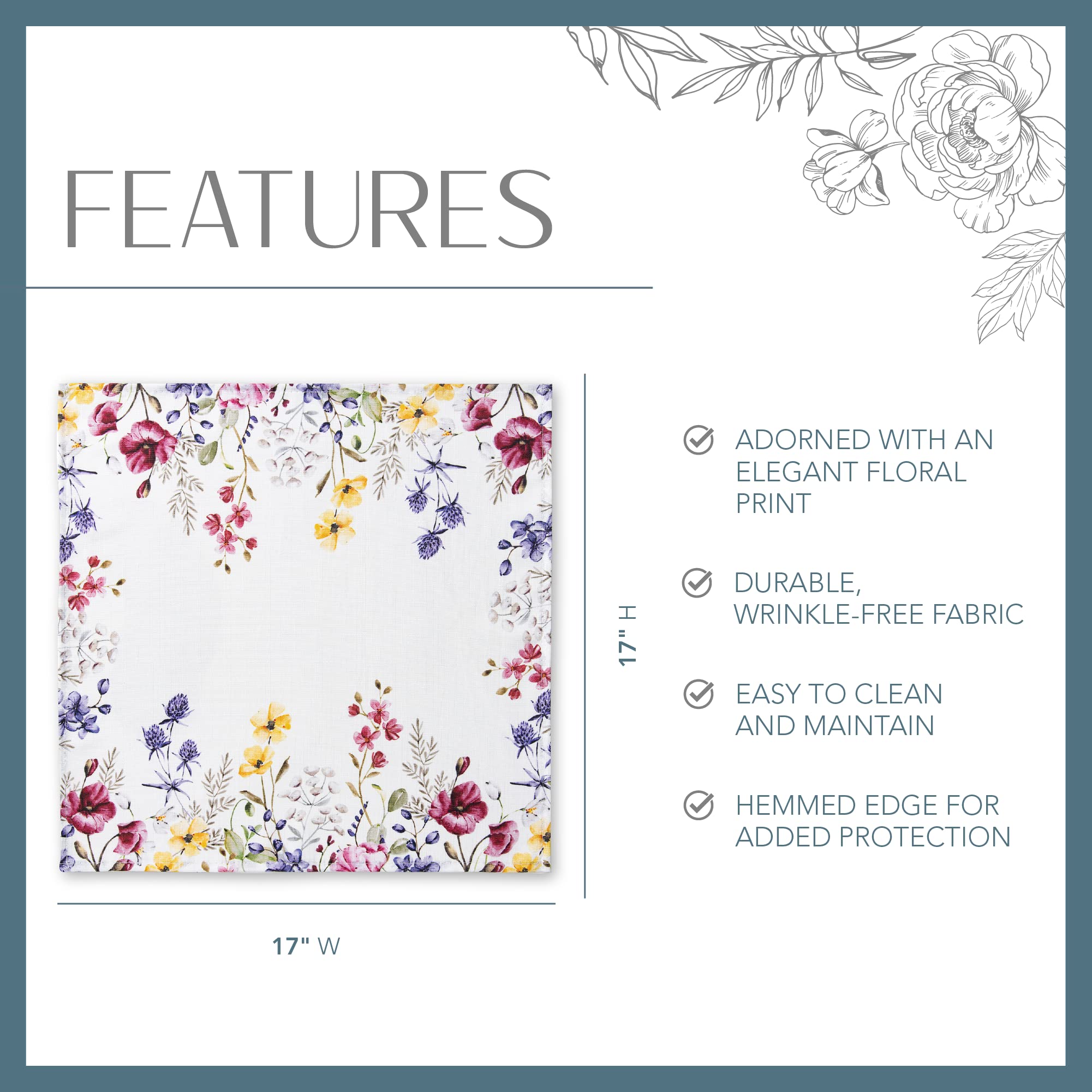 Elrene Home Fashions Serwetki z tkaniny z motywem dzikiego kwiatu maku, 43 cm na 44 cm, zestaw 4 szt
