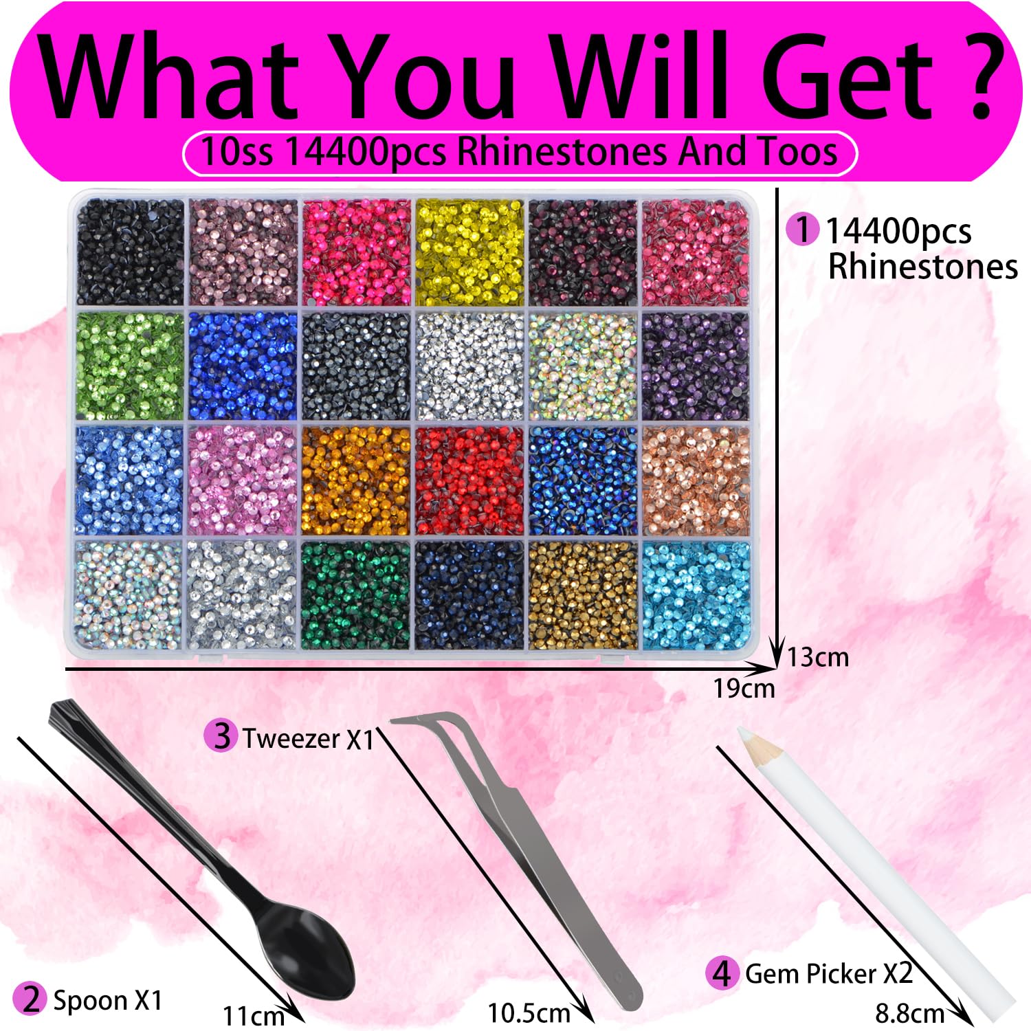 LPBeads Glass Hotfix Rhinestones Bulk SS10 14400pcs 24 Colors Hotfix Crystal Flatback Rhinestones for Crafts Clothes with Tweezers and Wax Pencil Kit