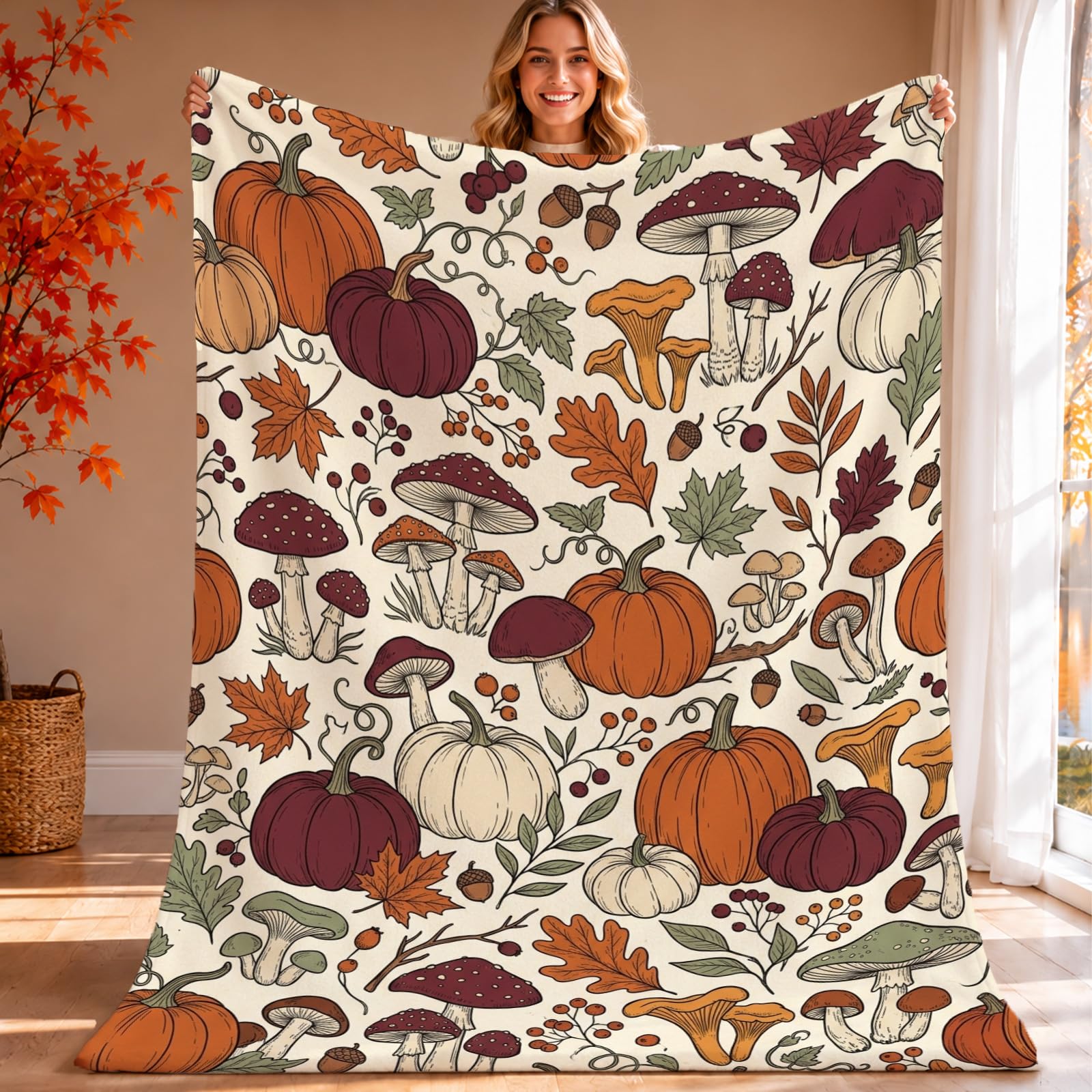 Manta de franela suave con diseño de calabazas y hojas para cama y dormitorio