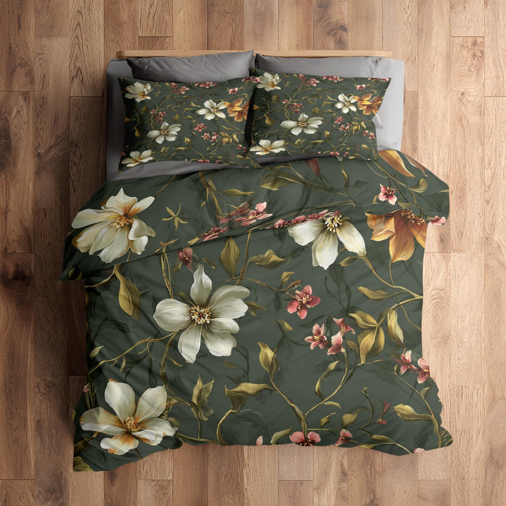 Generisch Grün Blumen Bettwäsche 135x200, Schlafzimmer Deko Wendebettwäsche 2tlg, Botanisch Blumenmuster Bettbezug & 1 Kissenbezug 80x80, Weiche Mikrofaser, mit Reißverschluss -h457
