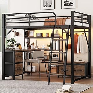 9 Mini Bedroom Ideas for Small Tight Spaces 2 Black Full Loft Bed with Desk, Storage Shelves & Wardrobe, LED Lights an...