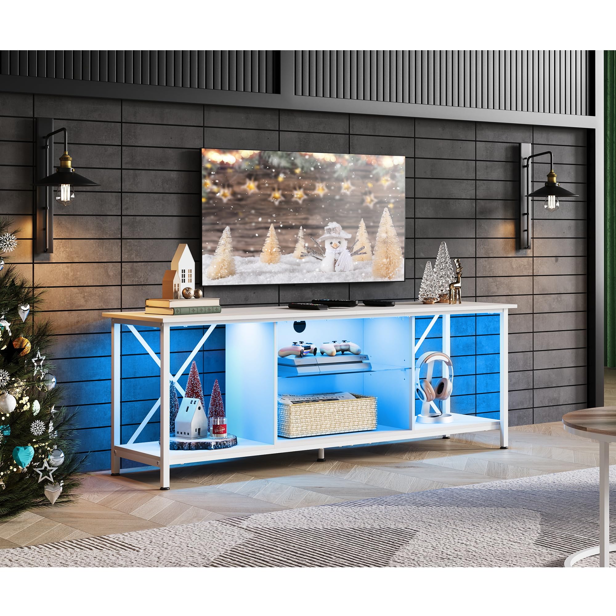 Meuble TV Blanc 160 Cm Avec LED RGB - 2 Tiroirs, 7 étagères, Pour Téléviseurs Jusqu'à 75 Pouces - Moderne, Bois Et Verre, Capacité 50 Kg