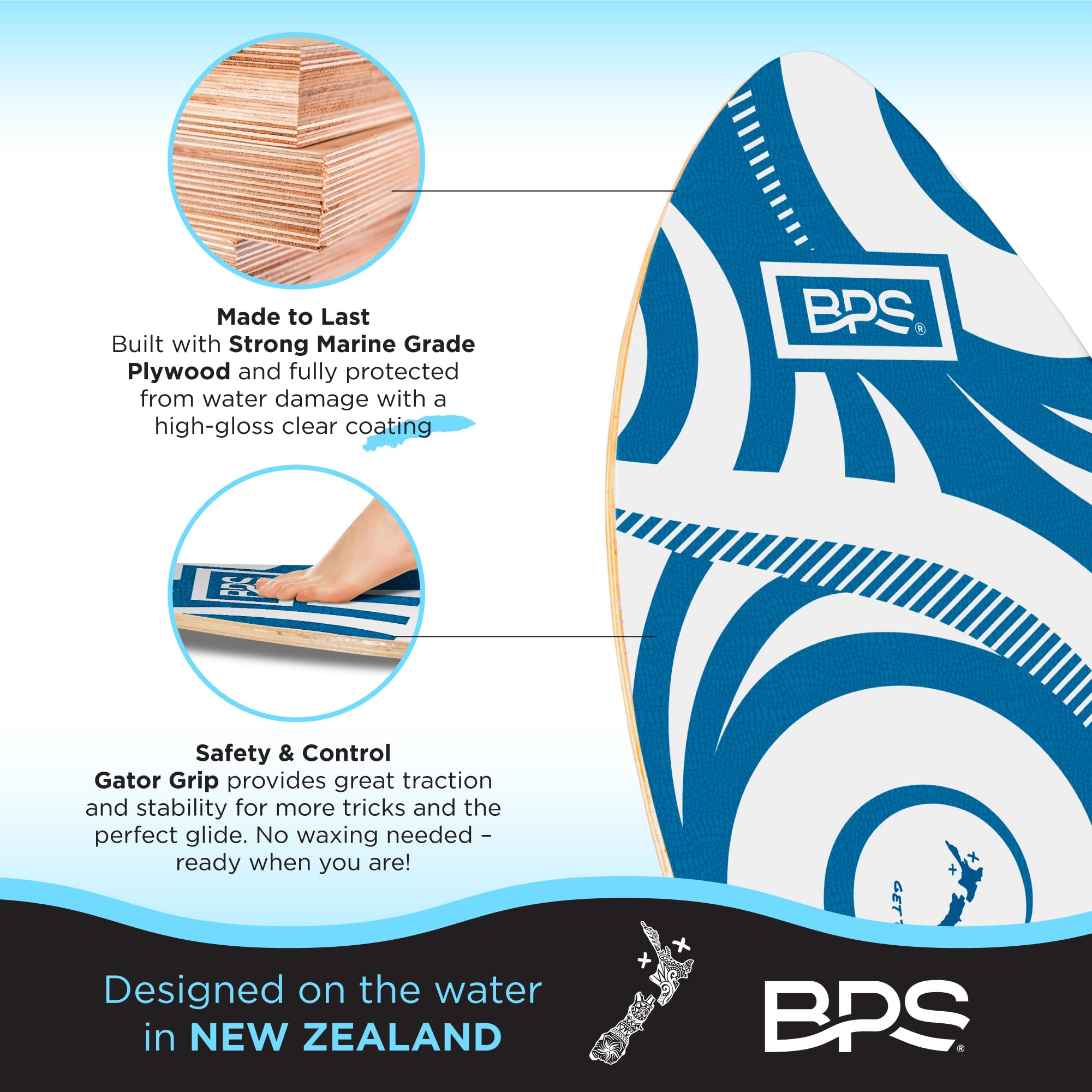 BPS New Zealand 'Koru' Skimboard mit farbigem Eva-Griffpolster und hochglänzendem Klarlack aus Holz für Kinder und Erwachsene, wählen Sie aus 3 Größen und Farbe des Traktionspads
