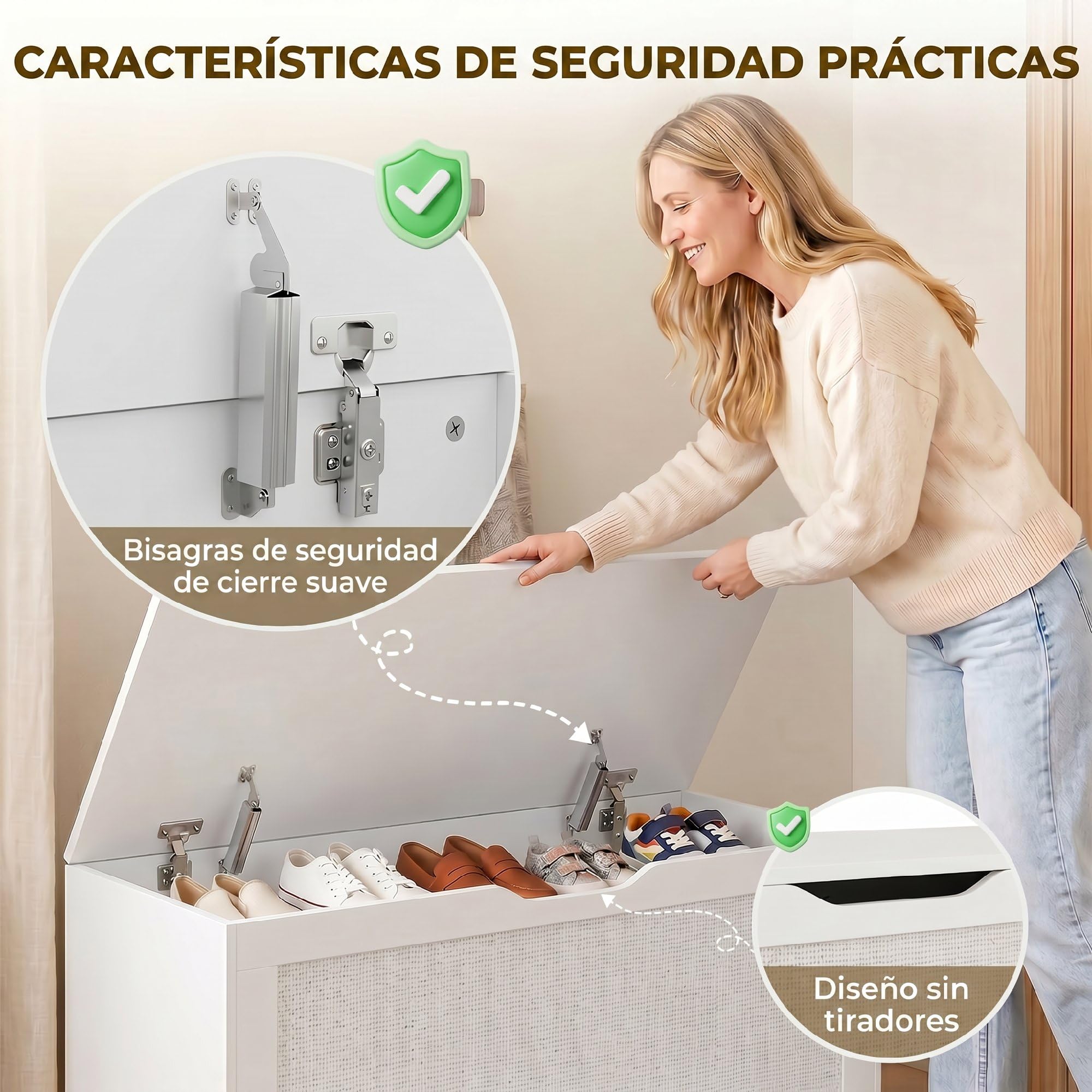 HOMCOM Baúl de Almacenaje 136L Banco de Almacenaje 100x40x45 cm Blanco | Panel de Ratán, Tapa Elevable, Brazos de Soporte, Diseño Sin Tiradores, para Recibidor, Pasillo, Dormitorio, Salón