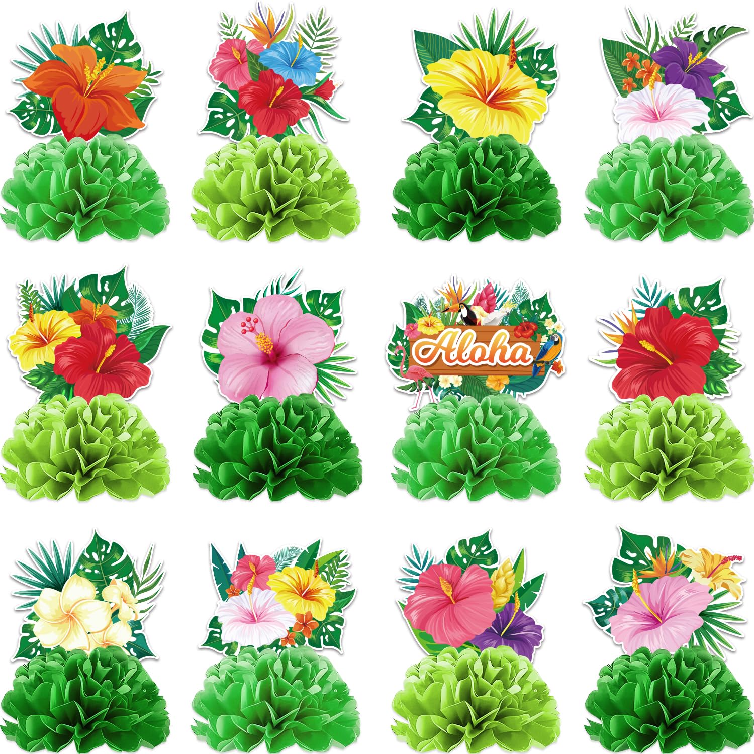 12 Pcs Luau Party Decorations Honeycomb Centerpieces, Hawaiian Party Decorations for Tables, Hibiscus Flower Aloha Party Decorations 3d Double Side