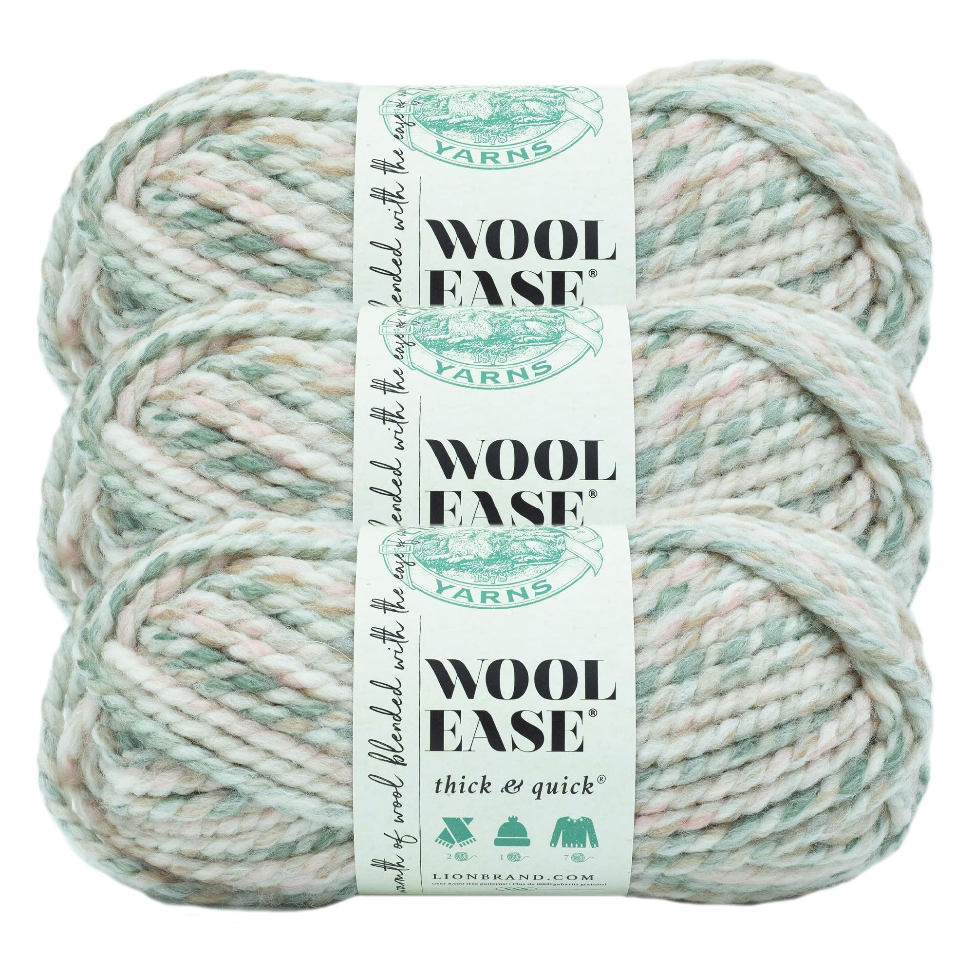 Lion Brand Yarn, Wool-Ease Thick &amp; Quick Yarn, Seashell Cream Multi, 3 Pack