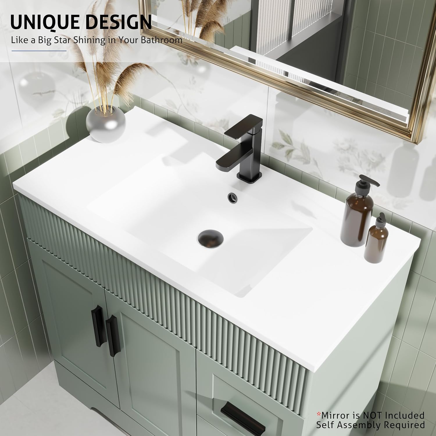 eclife 36" Bathroom Vanities Sink Combo with Painted Surface, Modern Drawered Cabinet W/Decorative Wave Lines, Undermount Single Sink, Matte Black Faucet Drain, Gray Green