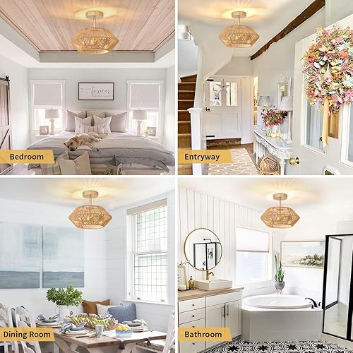 Miniatura 6 de Lámpara de techo de ratán tejida con 2 luces, luz de techo semiempotrada tejida a mano de granja beige, pequeña cesta costera bohemia cerca de la